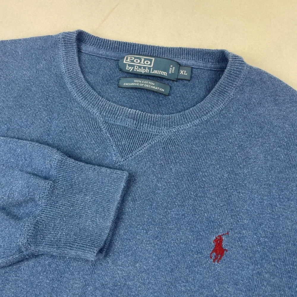 Polo Ralph Lauren Mens XL Blue Cotton Crewneck Sweater Red Pony Logo Knit